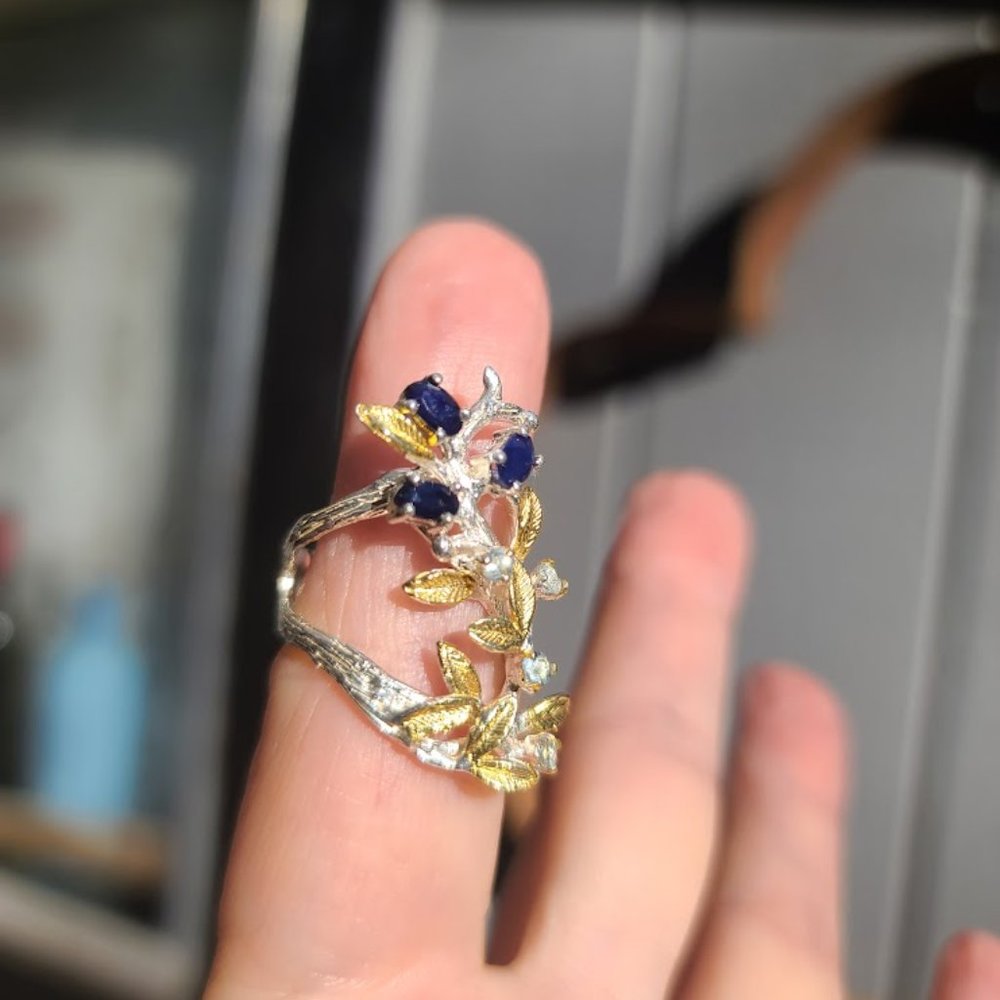 Sapphire & aquamarine sterling & gold finger cuff sz6.5 - Picture 9 of 11